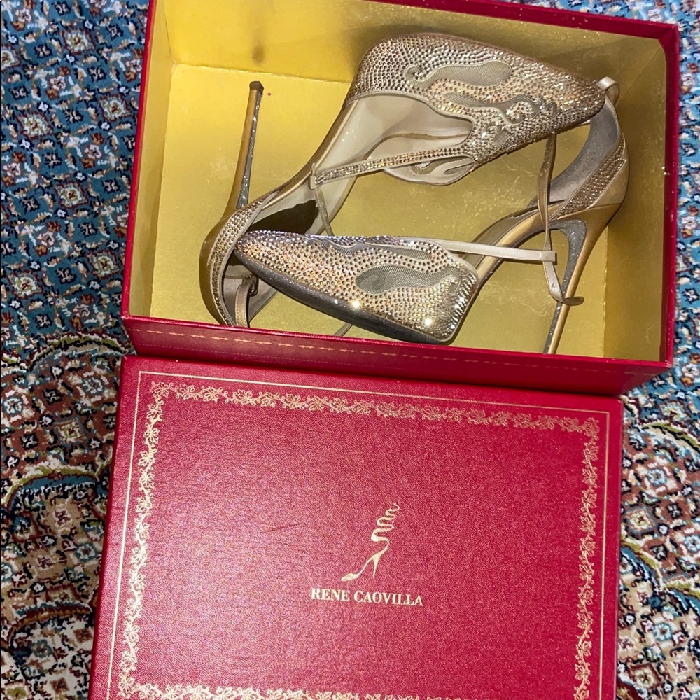 Rene Caovilla Gold Crystal-Embellished Heels